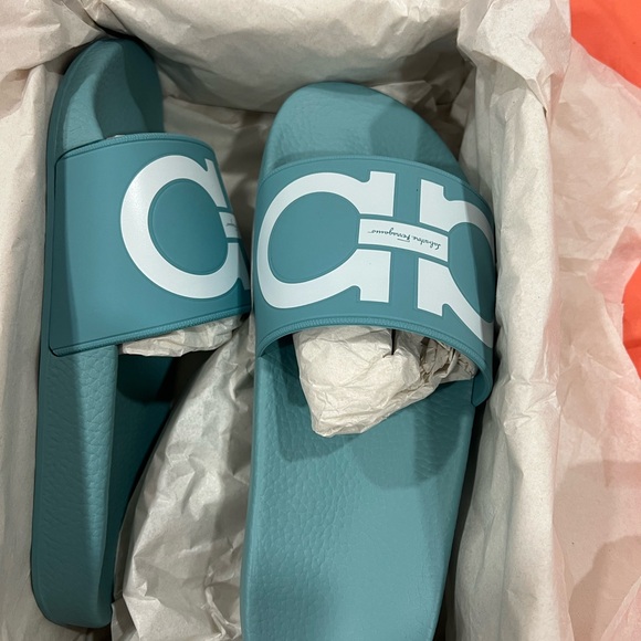 Salvatore Ferragamo Blue and White Sandals with Textured Sole - Picture 2 of 3